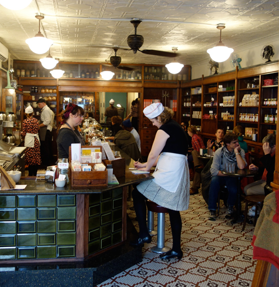Brooklyn Farmacy, located in a former pharmacy/soda fountain that had been shuttered for decades, is a lovely throwback. It hits the right notes, with attention to detail, and use of authentic materials and techniques. This is not Disney, but a return to something real and evocative of old Brooklyn.