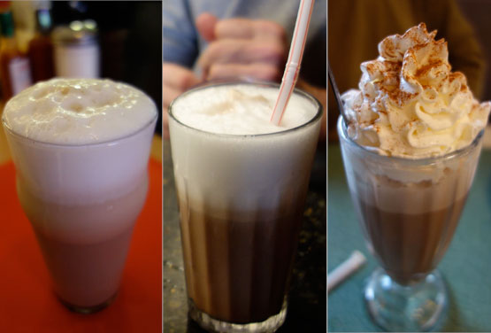 Egg creams, from left: Hinsch's, Brooklyn Farmacy, Tom's Restaurant
