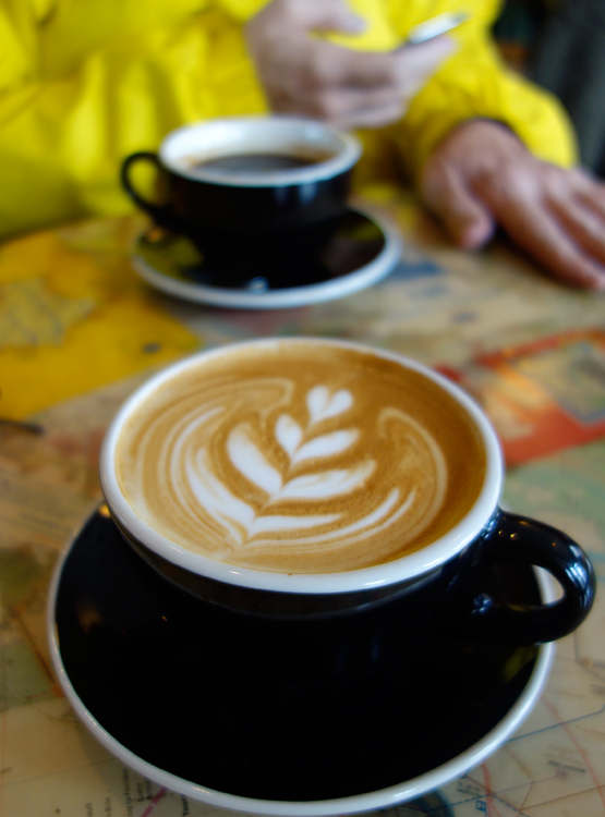 The author relaxes at Café Grumpy in Greenpoint.