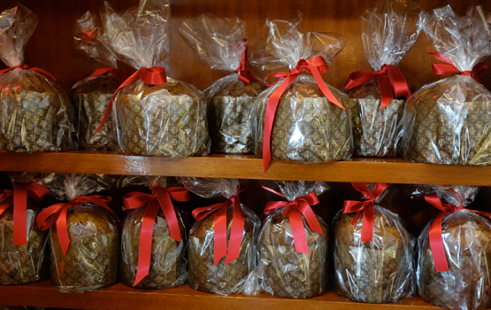 Rows of Milanese panettone at Settepani Bakery in Williamsburg.