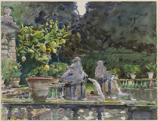 John Singer Sargent, Villa di Marlia, Lucca: A Fountain, 1910. Watercolor over graphite pencil on paper. The Hayden Collection—Charles Henry Hayden Fund. At Brooklyn Museum, now.